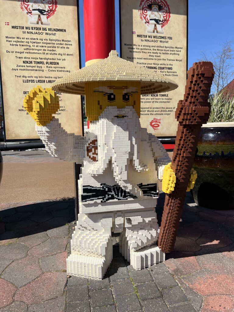 LEGO sculpture of the Ninjago Master Wu character at LEGOLAND Billund, showcasing detailed LEGO art for kids and families