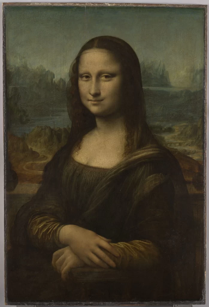 Leonardo da Vinci’s Mona Lisa displayed in the Denon Wing of the Louvre Museum, Paris.