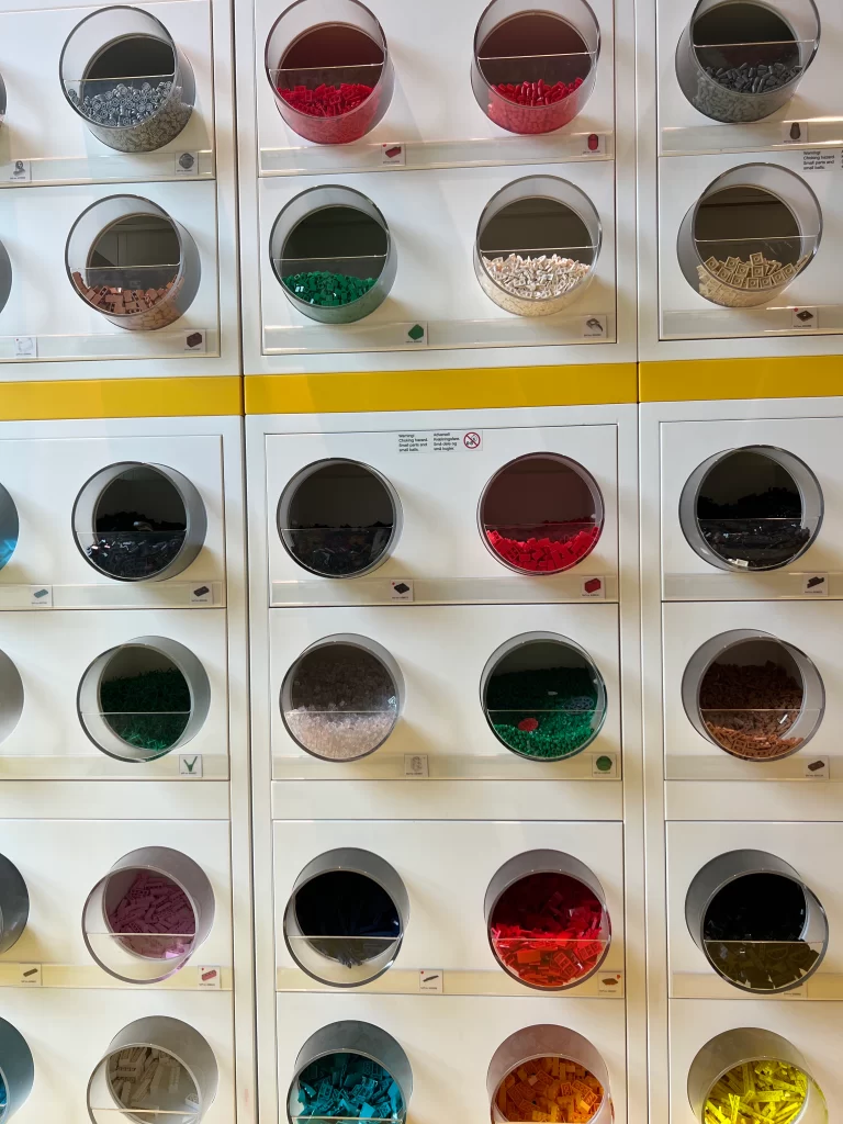 Colorful LEGO bricks on display in a Billund shop, ready for building creative adventures