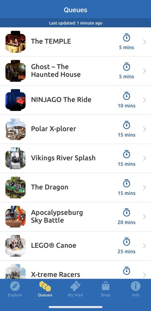 Screenshot of the LEGOLAND Billund mobile app showing ride wait times