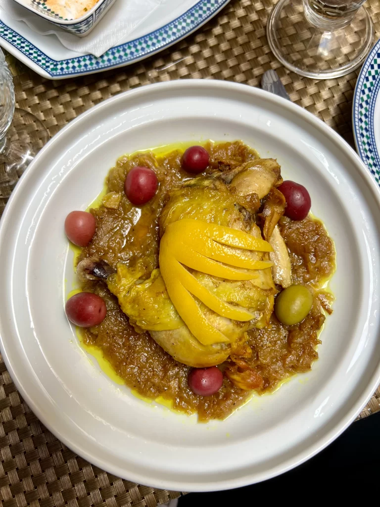 Chicken Tagine with olives and preserved lemons in Tangier, Morocco.