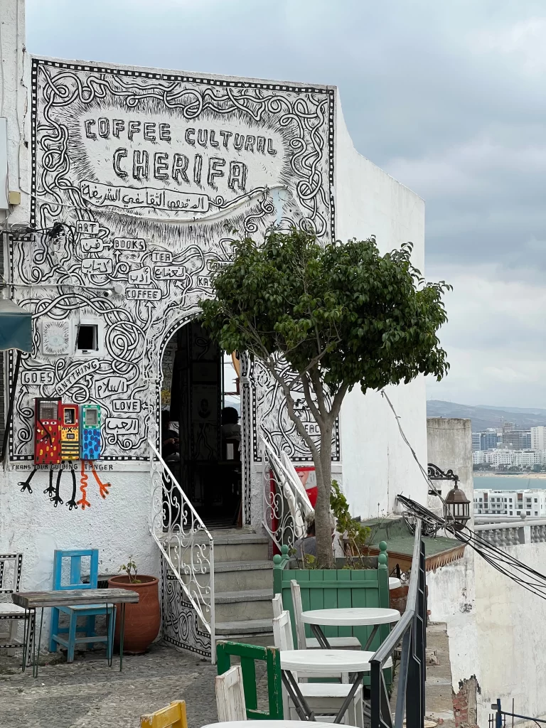 Café with painting on the facade, in the Kasbah of Tangier, Morocco.