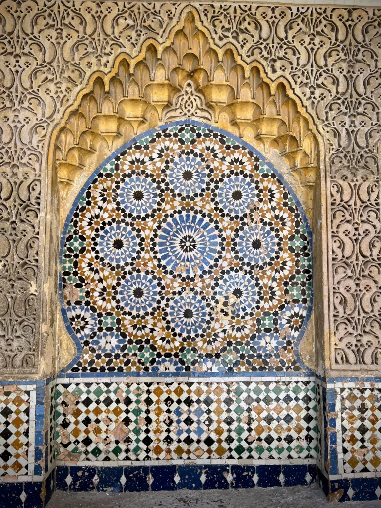 Fountain adorned of mosaic or zellige, at Bay al Assa in the Casbah of Tangier in Morocco.